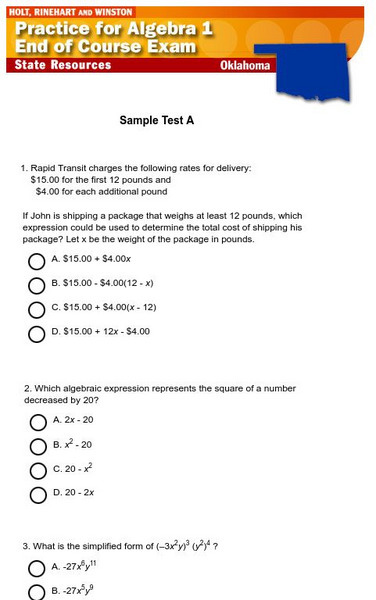Holt, Rinehart and Winston: Oklahoma Algebra 1 End of Course Exam Sample Test A Study Guide Holt, Rinehart and Winston: Oklahoma Algebra 1 End of Course Exam Sample Test A Study Guide