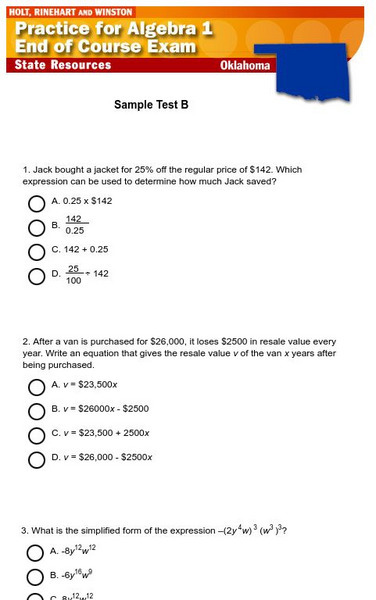 Holt, Rinehart and Winston: Oklahoma Algebra 1 End of Course Exam Sample Test B Study Guide Holt, Rinehart and Winston: Oklahoma Algebra 1 End of Course Exam Sample Test B Study Guide