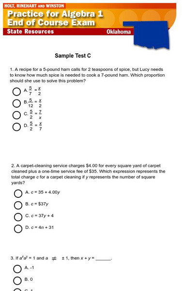 Holt, Rinehart and Winston: Oklahoma Algebra 1 End of Course Exam Sample Test C Study Guide Holt, Rinehart and Winston: Oklahoma Algebra 1 End of Course Exam Sample Test C Study Guide