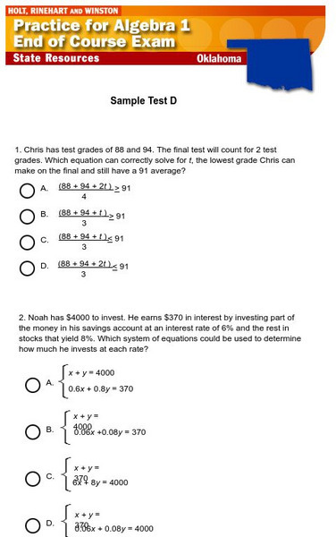 Holt, Rinehart and Winston: Oklahoma Algebra 1 End of Course Exam Sample Test D Study Guide Holt, Rinehart and Winston: Oklahoma Algebra 1 End of Course Exam Sample Test D Study Guide