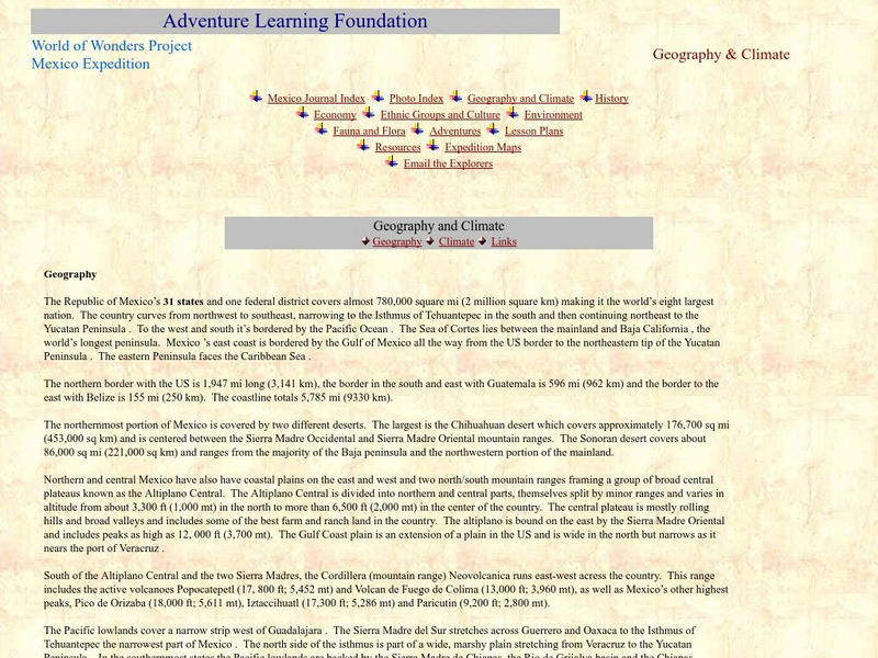 Adventure Learning Foundation: Mexico: Geography and Climate Website Adventure Learning Foundation: Mexico: Geography and Climate Website