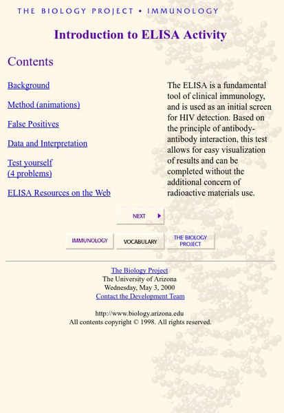 The Biology Project: Immunology: Introduction to Elisa Activity Activity The Biology Project: Immunology: Introduction to Elisa Activity Activity