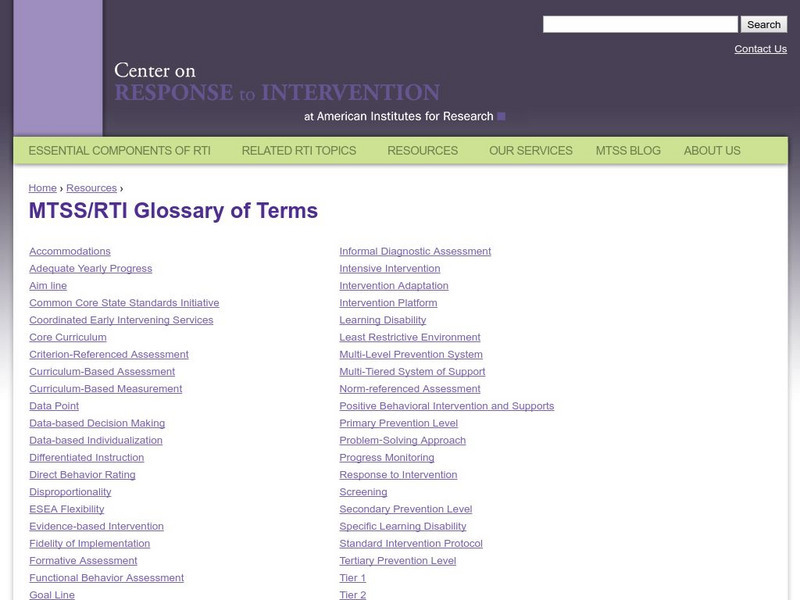 Center on Response to Intervention: Mtss/rti Glossary of Terms Handout Center on Response to Intervention: Mtss/rti Glossary of Terms Handout