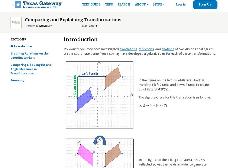 Texas Gateway: Comparing and Explaining Transformations Unit Plan