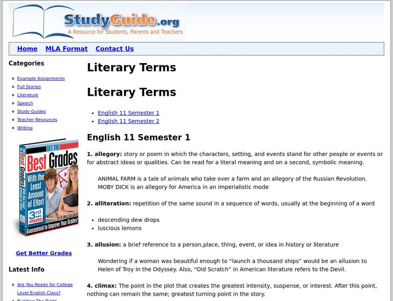 Study Guide: Literary Terms: English 11 Handout Study Guide: Literary Terms: English 11 Handout