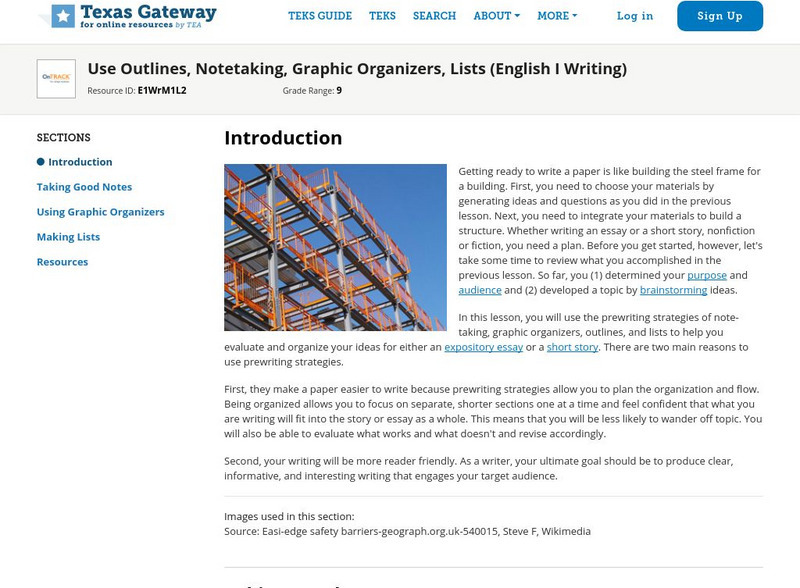 Texas Gateway: Use Outlines, Notetaking, Graphic Organizers, Lists Unit Plan Texas Gateway: Use Outlines, Notetaking, Graphic Organizers, Lists Unit Plan