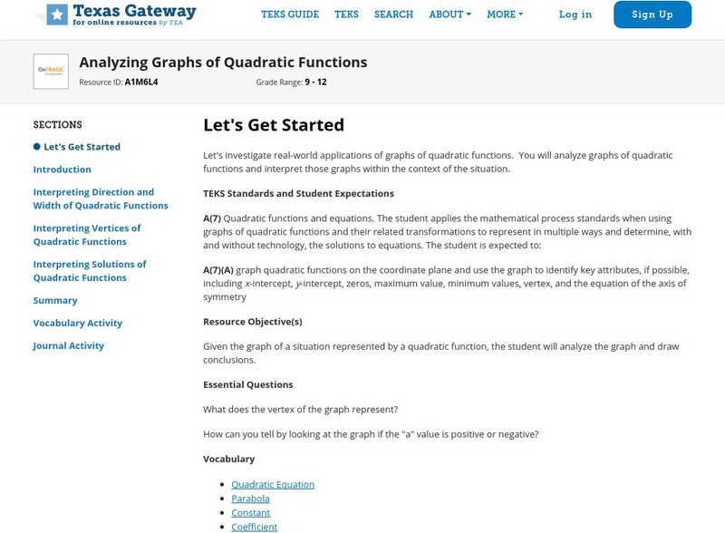 Texas Gateway: Analyzing Graphs of Quadratic Functions Unit Plan Texas Gateway: Analyzing Graphs of Quadratic Functions Unit Plan