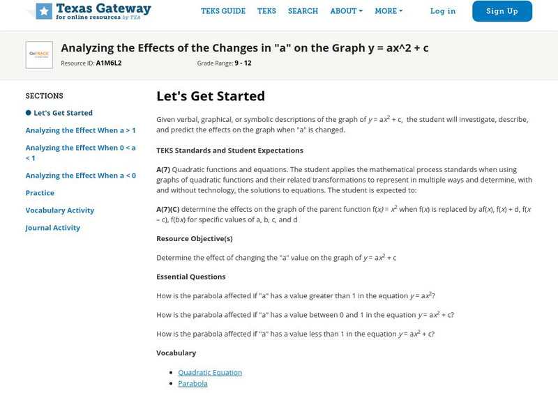 Texas Gateway: Analyzing the Effects of Changes in "A" on the Graph Y=ax^2 + C Unit Plan
