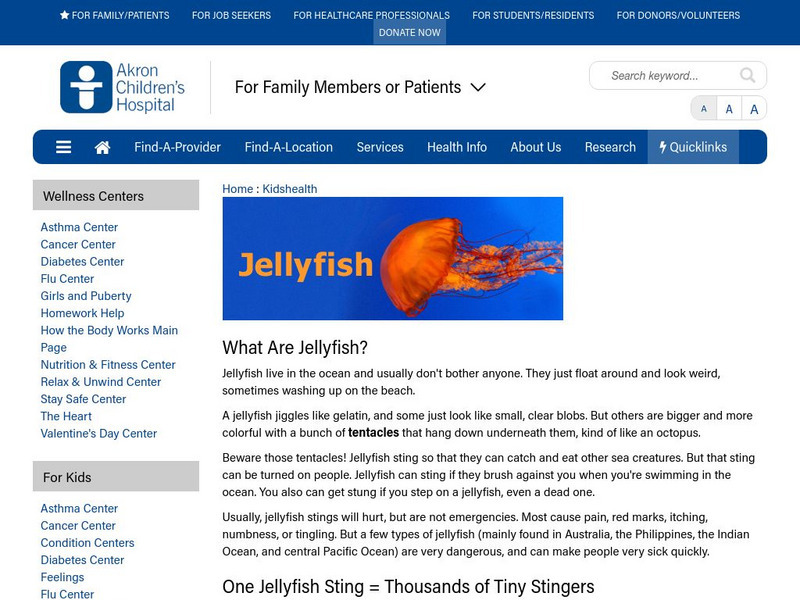 Akron Children's Hospital: Kidshealth: Jellyfish Article