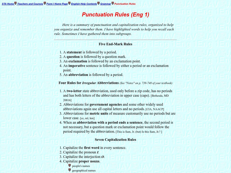 Sta: Punctuation and Capitalization Rules Handout Sta: Punctuation and Capitalization Rules Handout