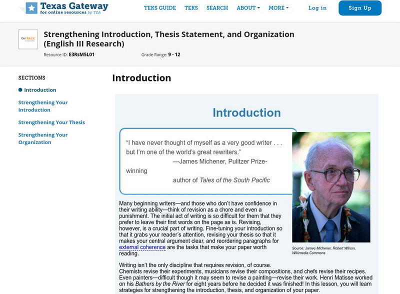 Texas Gateway: Strengthening Introduction, Thesis Statement, and Organization Unit Plan Texas Gateway: Strengthening Introduction, Thesis Statement, and Organization Unit Plan