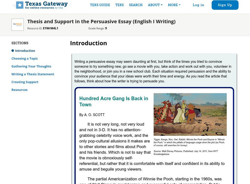 Texas Gateway: Thesis and Support in the Persuasive Essay (English I Writing) Unit Plan Texas Gateway: Thesis and Support in the Persuasive Essay (English I Writing) Unit Plan