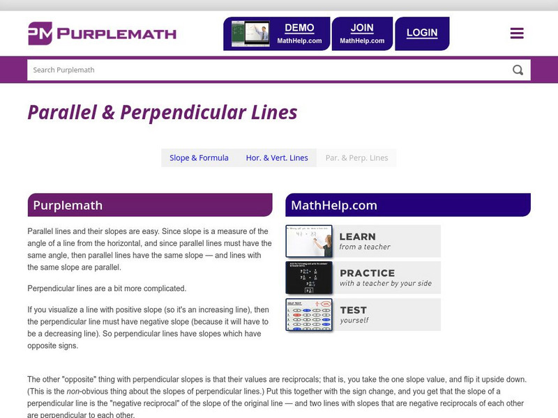 Purplemath: Slope: Parallel and Perpendicular Lines Handout Purplemath: Slope: Parallel and Perpendicular Lines Handout