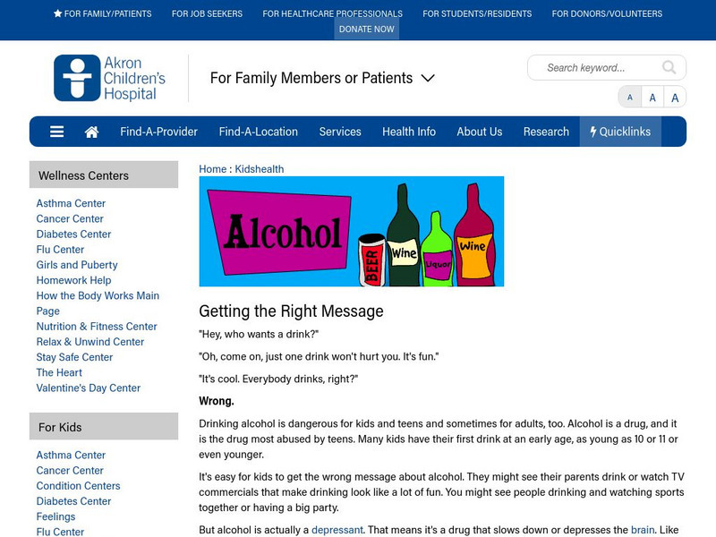 Akron Children's Hospital: Kidshealth: Alcohol Handout Akron Children's Hospital: Kidshealth: Alcohol Handout