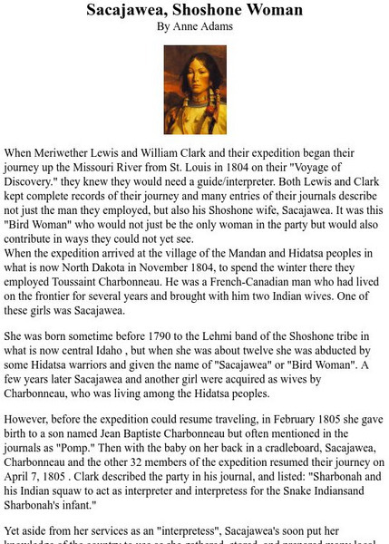 History's Women: Sacajawea, Shoshone Woman Activity History's Women: Sacajawea, Shoshone Woman Activity