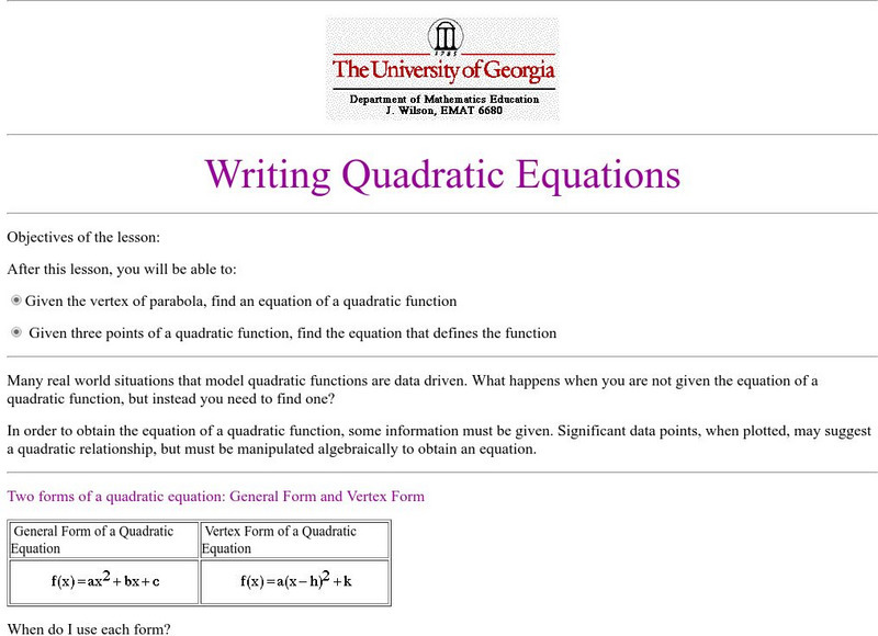 University of Georgia: Writing Quadratic Equations Unit Plan University of Georgia: Writing Quadratic Equations Unit Plan