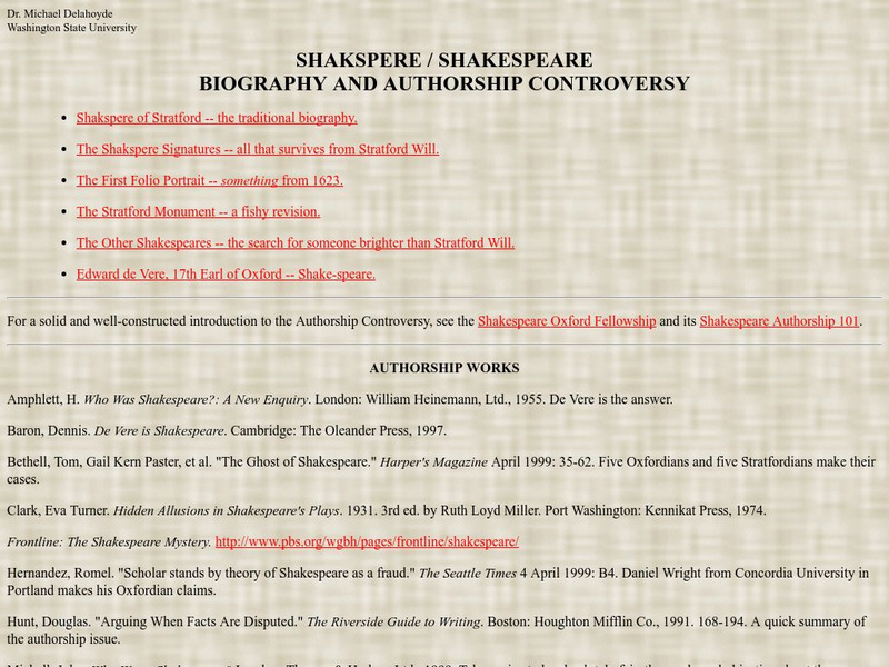 Washington State University: Shakespeare and Authorship Controversy Website Washington State University: Shakespeare and Authorship Controversy Website