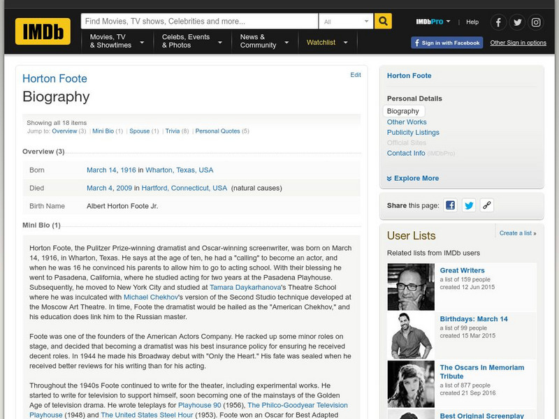 Internet Movie Database: Horton Foote Handout