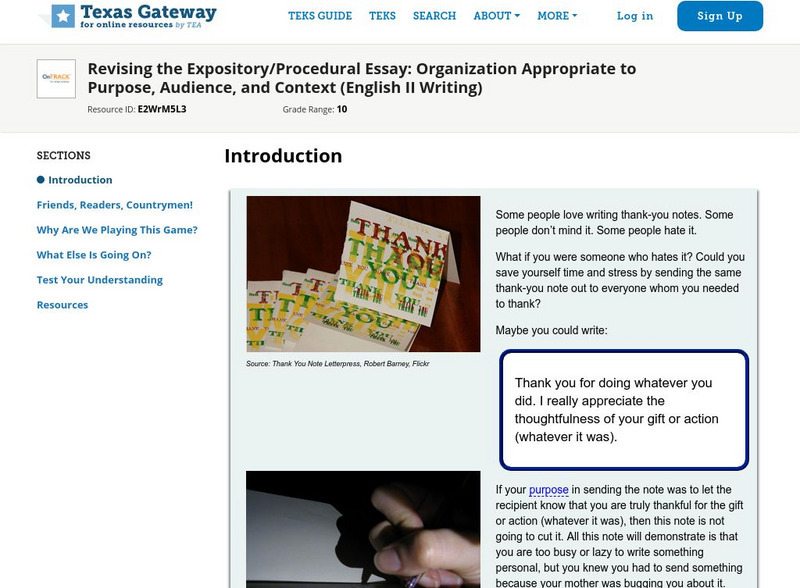 Texas Gateway: Revising Expository/procedural Essay: Purpose, Audience, Context Unit Plan Texas Gateway: Revising Expository/procedural Essay: Purpose, Audience, Context Unit Plan