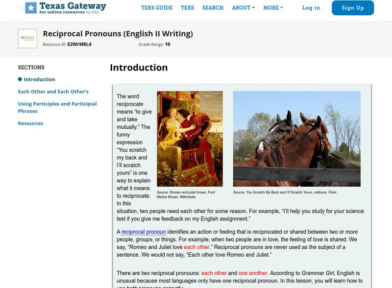 Texas Gateway: Reciprocal Pronouns (English Ii Writing) Unit Plan Texas Gateway: Reciprocal Pronouns (English Ii Writing) Unit Plan
