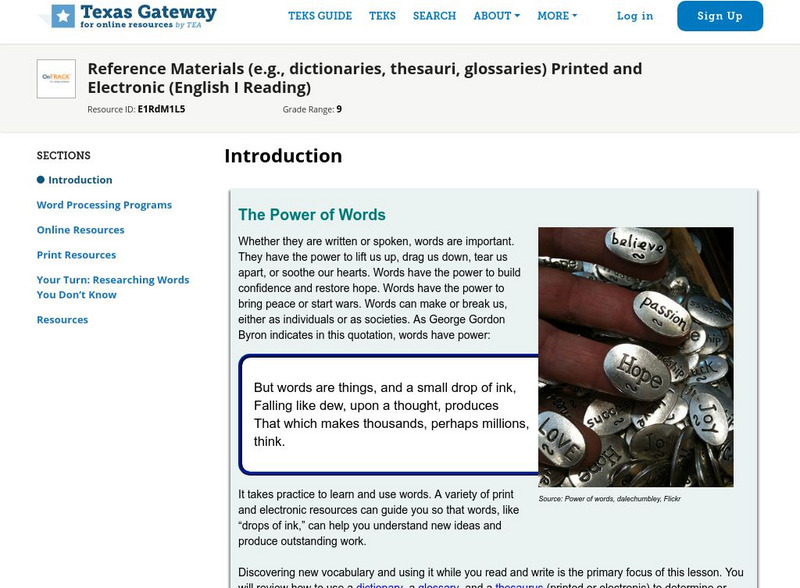 Texas Gateway: Reference Materials Printed and Electronic Unit Plan Texas Gateway: Reference Materials Printed and Electronic Unit Plan