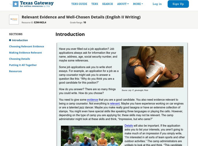 Texas Gateway: Relevant Evidence and Well Chosen Details (English Ii Writing) Unit Plan Texas Gateway: Relevant Evidence and Well Chosen Details (English Ii Writing) Unit Plan