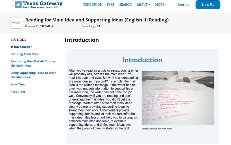 Texas Gateway: Reading for Main Idea and Supporting Ideas (English Iii Reading) Unit Plan Texas Gateway: Reading for Main Idea and Supporting Ideas (English Iii Reading) Unit Plan