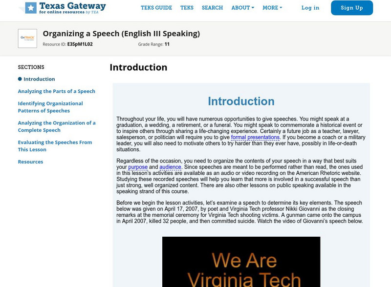 Texas Gateway: Organizing a Speech (English Iii Speaking) Unit Plan Texas Gateway: Organizing a Speech (English Iii Speaking) Unit Plan