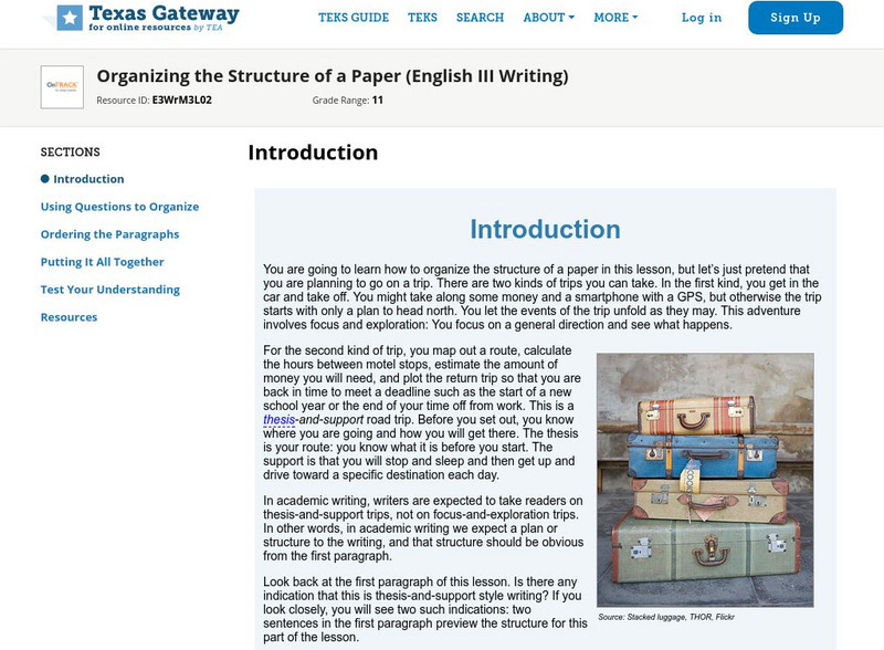 Texas Gateway: Organizing the Structure of a Paper (English Iii Writing) Unit Plan Texas Gateway: Organizing the Structure of a Paper (English Iii Writing) Unit Plan