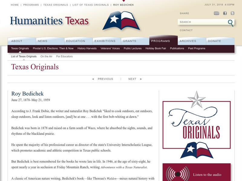 Humanities Texas: Texas Originals: Roy Bedichek Website Humanities Texas: Texas Originals: Roy Bedichek Website