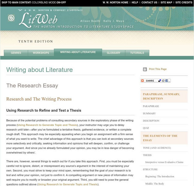 W. W. Norton: Writing Process: Using Research to Refine and Test a Thesis Handout W. W. Norton: Writing Process: Using Research to Refine and Test a Thesis Handout