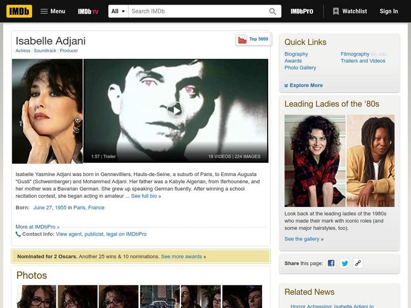 Internet Movie Database: Isabelle Adjani Handout