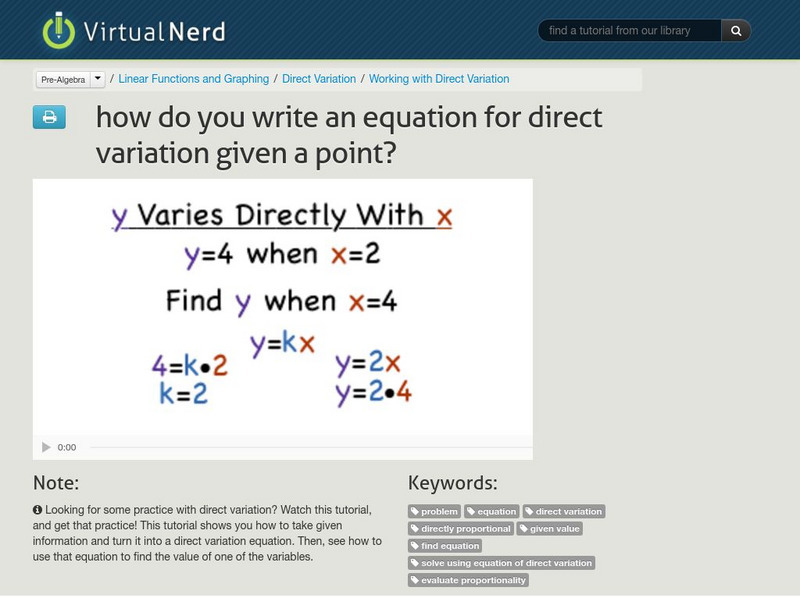 Virtual Nerd: How Do You Write an Equation for Direct Variation Given a Point? Instructional Video Virtual Nerd: How Do You Write an Equation for Direct Variation Given a Point? Instructional Video