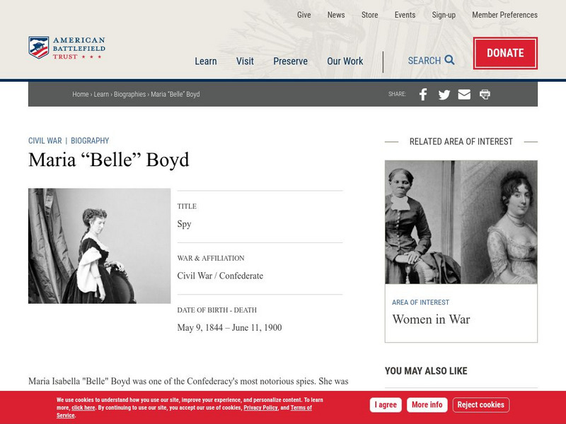 American Battlefield Trust: Civil War Biography: Maria "Belle" Boyd: Spy Handout American Battlefield Trust: Civil War Biography: Maria "Belle" Boyd: Spy Handout