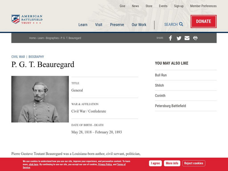 American Battlefield Trust: Civil War Biography: P. G. T. Beauregard Handout American Battlefield Trust: Civil War Biography: P. G. T. Beauregard Handout