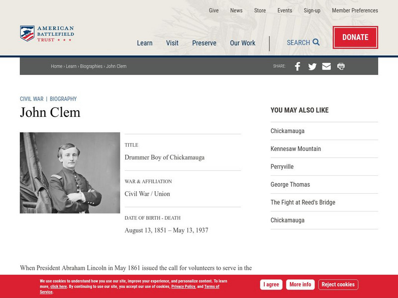 American Battlefield Trust: Civil War Biography: John Clem: Drummer Boy of Chickamauga Handout