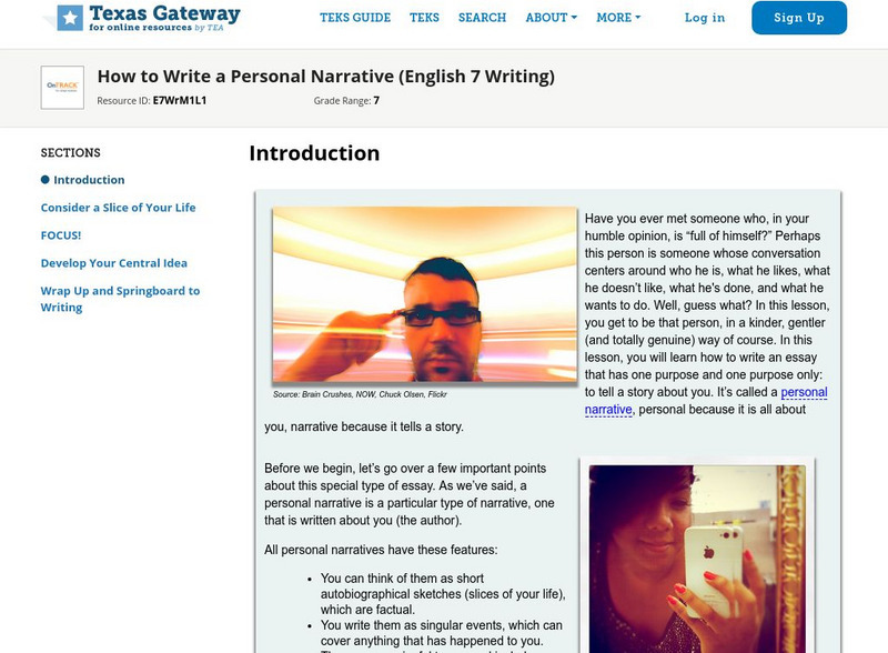 Texas Gateway: How to Write a Personal Narrative (English 7 Writing) Unit Plan Texas Gateway: How to Write a Personal Narrative (English 7 Writing) Unit Plan