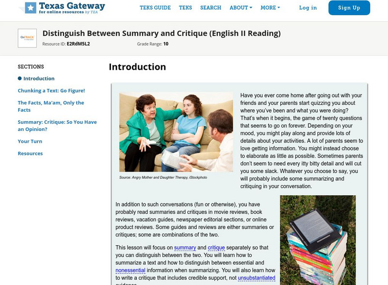 Texas Gateway: Distinguish Between Summary and Critique (English Ii Reading) Unit Plan Texas Gateway: Distinguish Between Summary and Critique (English Ii Reading) Unit Plan