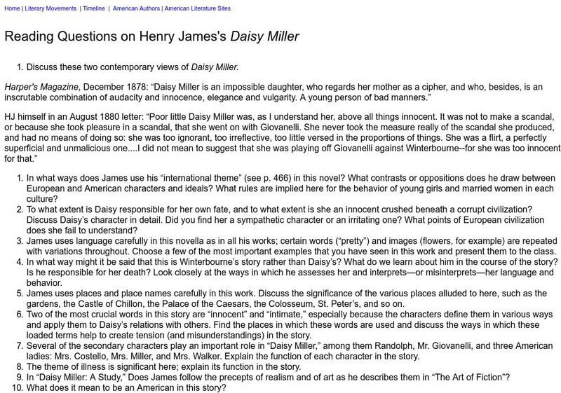 Washington State University: American Authors: Questions on Daisy Miller Unknown Type