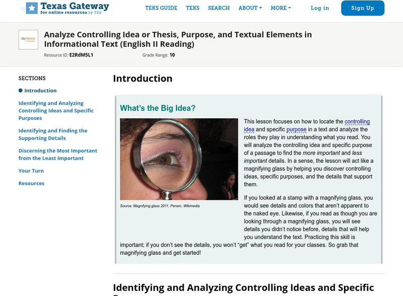 Texas Gateway: Analyze Controlling Idea or Thesis, Purpose, and Textual Elements Unit Plan