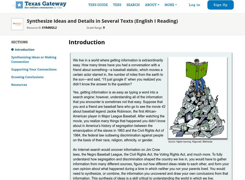 Texas Gateway: Synthesize Ideas and Details in Several Texts (English I Reading) Unit Plan Texas Gateway: Synthesize Ideas and Details in Several Texts (English I Reading) Unit Plan