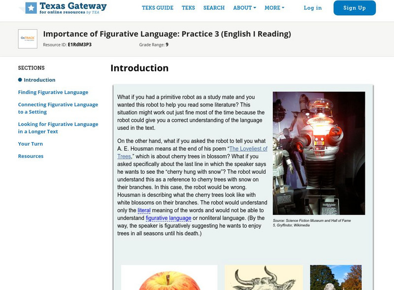 Texas Gateway: Importance of Figurative Language: Practice 3 (English I Reading) Unit Plan Texas Gateway: Importance of Figurative Language: Practice 3 (English I Reading) Unit Plan