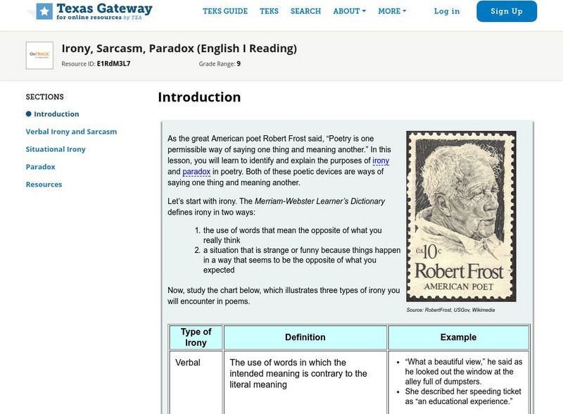 Texas Gateway: Irony, Sarcasm, Paradox (English I Reading) Unit Plan Texas Gateway: Irony, Sarcasm, Paradox (English I Reading) Unit Plan
