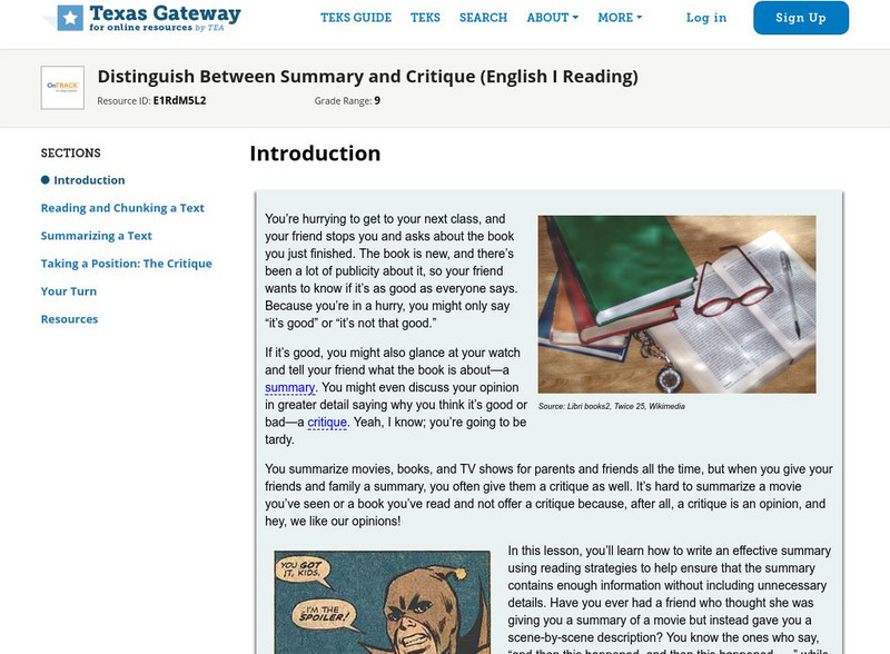 Texas Gateway: Distinguish Between Summary and Critique (English I Reading) Unit Plan