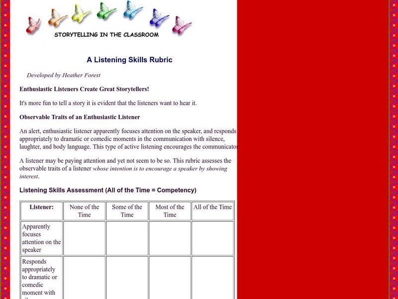 Story Arts: Listening Skills Table for Storytelling Rubric Story Arts: Listening Skills Table for Storytelling Rubric