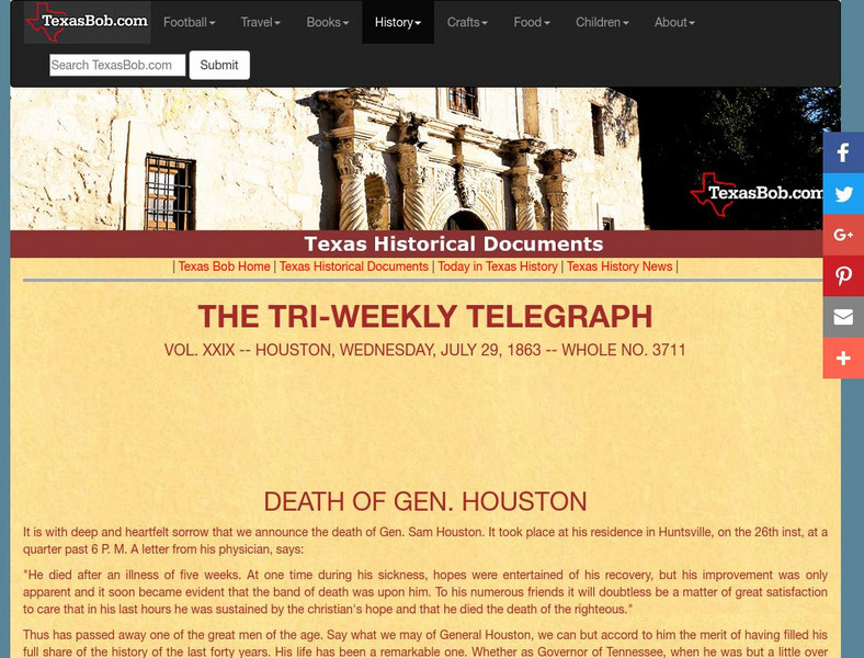 Texas Bob: The Tri Weekly Telegraph: Death of Gen. Houston Article
