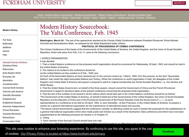 Fordham University: Modern History Sourcebook: The Yalta Conference, Feb. 1945 Primary Fordham University: Modern History Sourcebook: The Yalta Conference, Feb. 1945 Primary