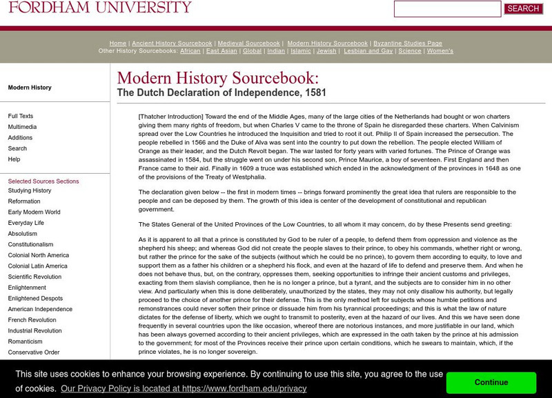Fordham University: Modern History Sourcebook: Dutch Declaration of Independence, 1581 Handout Fordham University: Modern History Sourcebook: Dutch Declaration of Independence, 1581 Handout