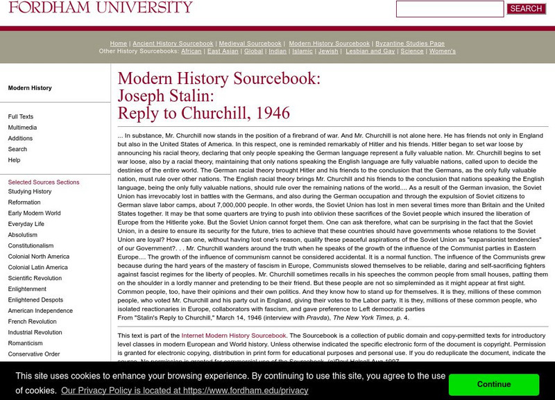 Fordham University: Modern History Sourcebook: Joseph Stalin Handout Fordham University: Modern History Sourcebook: Joseph Stalin Handout