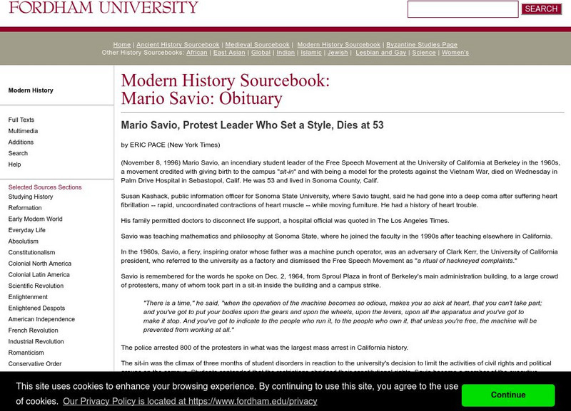 Fordham University: Modern History Sourcebook: Mario Savio Handout Fordham University: Modern History Sourcebook: Mario Savio Handout